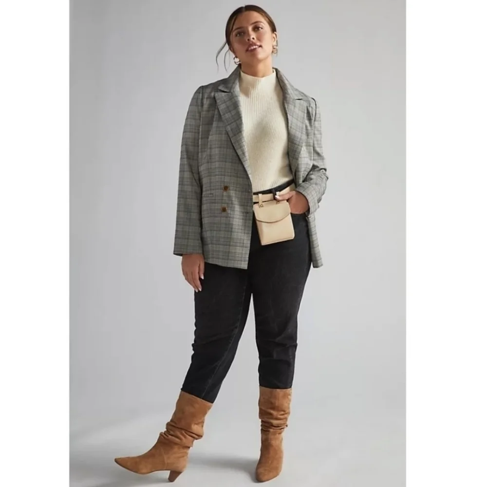 New Anthropologie Hutch Classic Longline Double Breasted Plaid Maize Blazer Sz M
